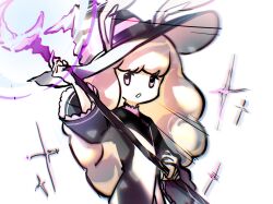 Rule 34 | 1girl, :o, animal ears, black dress, black hat, blonde hair, commentary, cowboy shot, crescent, dress, ears through headwear, english commentary, fluffy hair, hat, highres, holding, holding staff, long sleeves, looking at viewer, open mouth, purple eyes, rabbit and steel, rabbit ears, rabbit girl, simple background, solo, staff, white background, witch hat, wizard rabbit, yukizuki7