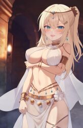 1girl armlet bangle bare_shoulders blonde_hair blue_eyes bracelet breasts cape circlet cleavage collar commission cowboy_shot dancer earrings fang gold_collar hair_ornament hairclip half_updo highres indoors jewelry large_breasts long_hair looking_at_viewer midriff mouth_veil navel open_mouth original pelvic_curtain revealing_clothes see-through_clothes see-through_pelvic_curtain sling_bikini_top smile solo stomach thighs v-shaped_eyebrows veil ysoa26