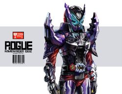 1boy 2017 adapted_costume armor barcode black_gloves blue_eyes body_armor bodysuit character_name compound_eyes cosplay cowboy_shot crack cracked_glass crocodile crocodilian cropped_legs fragile_symbol gauntlets gloves highres kamen_rider kamen_rider_build_(series) kamen_rider_geiz kamen_rider_rogue kamen_rider_rogue_(cosplay) kamen_rider_zi-o_(series) max-k purple_armor rider_watch ziku_driver