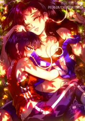 Rule 34 | 2girls, artist name, audio jack, bare shoulders, black hair, black sports bra, blue hair, blue pants, boku no hero academia, breasts, cherry in the sun, closed eyes, commentary, dappled sunlight, english commentary, jiro kyoka, large breasts, long hair, lying, lying on person, multiple girls, navel, on grass, pants, parted lips, ponytail, red shirt, shirt, short hair, sports bra, sunlight, teeth, u.a. gym uniform, watermark, web address, yaoyorozu momo, yuri