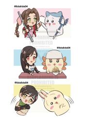 3girls aerith_gainsborough armor bangle bare_shoulders black_hair blue_background bracelet braid braided_ponytail brown_hair chibi chibi_only chiikawa cocktail_glass cropped_torso crossed_arms cup dress drinking_glass elbow_gloves final_fantasy final_fantasy_vii final_fantasy_vii_rebirth final_fantasy_vii_remake fingerless_gloves gloves green_eyes green_shirt hachiware_(chiikawa) hair_ribbon headband high_five holding holding_staff jacket jewelry lida_(lidalida04) long_hair midriff multiple_girls open_mouth parted_bangs pauldrons pink_background pink_dress pink_ribbon red_eyes red_jacket ribbon shirt shisa_(chiikawa) short_hair shoulder_armor sidelocks single_bare_shoulder single_braid single_pauldron smile staff suspenders tifa_lockhart twitter_username usagi_(chiikawa) white_shirt yellow_background yuffie_kisaragi
