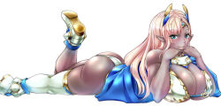 1girl anatolia_(sennen_sensou_aigis) ass blonde_hair blue_eyes breasts chiyo_koharu circlet cleavage colored_skin dark_skin female_orc horns large_breasts long_hair looking_at_viewer lying on_stomach orc panties pointy_ears sennen_sensou_aigis shoes single_thighhigh smile thighhighs underwear white_panties white_shoes