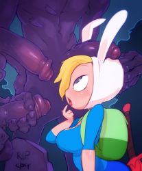 1girl 3boys adventure_time animal_hood artist_name backpack bag blonde_hair blue_eyes blue_shirt breasts clothed_female_nude_male doxy erection fionna_campbell foreskin from_side hat hetero hood medium_breasts multiple_boys nude open_mouth penis penis_hold penis_on_head phimosis rabbit_hood sheath sheathed shirt short_sleeves sword tombstone tongue uncensored upper_body weapon