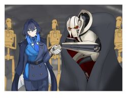 1girl absurdres b1_battle_droid blue_eyes blue_hair blue_necktie blue_shirt cloak coat collared_shirt colored_inner_hair colored_sclera cyborg general_grievous gloves hair_intakes handshake highres hololive hololive_english multicolored_hair necktie official_alternate_costume ouro_kronii ouro_kronii_(4th_costume) shirt star_wars themastersos virtual_youtuber yellow_sclera