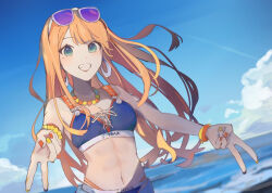 1girl beach bead_necklace beads bikini blue_bikini blue_sky blush bracelet breasts cleavage cloud commentary_request contrail cross-laced_bikini cross-laced_clothes double_gyaru_v earrings eyewear_on_head floating_hair gakuen_idolmaster green_eyes grin gyaru_v hz_paris idolmaster jewelry kimi_to_semi_blue_(idolmaster) long_hair looking_at_viewer medium_breasts mole mole_under_eye navel necklace orange_hair outdoors shiun_sumika sky smile solo swimsuit tinted_eyewear v very_long_hair