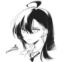 1girl absurdres ahoge closed_mouth collared_shirt commentary_request earrings greyscale hair_between_eyes highres jewelry kashikaze kimi_ga_hoeru_tame_no_uta_o long_hair looking_at_viewer monochrome narumiya_yu necktie shirt signature simple_background solo white_background