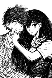 1boy 1girl bright_pupils bu3hgg closed_mouth collared_shirt commentary_request fingernails greyscale hair_behind_ear hair_between_eyes hair_over_one_eye hand_on_another&#039;s_cheek hand_on_another&#039;s_face hatching_(texture) hero_(headspace)_(omori) hero_(omori) high_contrast highres korean_commentary light_frown long_hair long_sleeves looking_at_viewer mari_(headspace)_(omori) mari_(omori) monochrome neckerchief omori one_eye_covered parted_lips shirt short_hair short_sleeves simple_background straight_hair sweater_vest upper_body white_background