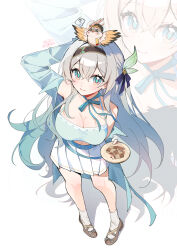 1girl ? @_@ absurdres alternate_costume animal animal_on_head ankle_socks aqua_coat aqua_hair aqua_shirt arm_behind_head arm_up bare_shoulders bird bird_on_head black_hairband breasts brown_shoes cleavage closed_mouth coat commentary_request crop_top firefly_(honkai:_star_rail) food from_above full_body gou_lianlian_dogface gradient_hair green_pupils grey_hair hair_ornament hairband halterneck highres holding holding_plate honkai:_star_rail honkai_(series) large_breasts long_hair looking_at_viewer multicolored_eyes multicolored_hair navel neck_ribbon off_shoulder on_head open_clothes open_coat plate pleated_skirt ribbon shadow shirt shoes signature simple_background skirt smile socks speech_bubble spoken_question_mark trailblazer_(honkai:_star_rail) trailblazer_(trailbirder)_(honkai:_star_rail) two-tone_eyes very_long_hair white_background white_skirt white_socks zoom_layer