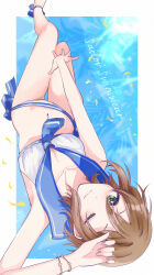 1girl absurdres arm_up bikini blue_neckerchief blue_sailor_collar border bracelet breasts brown_hair cleavage closed_mouth collarbone green_eyes hair_down highres idolmaster idolmaster_cinderella_girls jewelry kimura_natsuki kumatsuki_(no-kirin) looking_at_viewer navel neckerchief one_eye_closed outside_border sailor_bikini sailor_collar sailor_swimsuit_(idolmaster) short_hair solo swimsuit upside-down white_bikini white_border