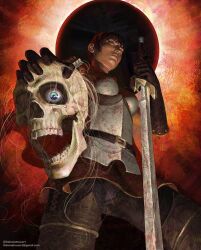 Rule 34 | 1girl, @ (symbol), armor, artist name, berserk, black hair, blue eyes, boobplate, breastplate, casca (berserk), commentary, cuirass, dark-skinned female, dark skin, eclipse, english commentary, gloves, gmail, highres, holding, holding skull, holding weapon, italomateusart, long hair, short hair, skull, solo, sword, weapon
