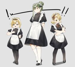 1girl 2boys apron arms_behind_back black_dress black_pantyhose black_shoes blonde_hair blue_eyes bow brown_eyes child crossdressing crossed_arms dress green_eyes green_hair hair_bow hairband high_heels highres library_of_ruina maid maid_headdress male_maid mary_janes multiple_boys netzach_(project_moon) pantyhose project_moon pumps shoes short_dress short_hair short_sleeves socks tiphereth_a_(project_moon) tiphereth_b_(project_moon) toeiki_c white_apron white_socks