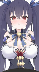 1girl :&lt; absurdres alternate_breast_size bare_shoulders black_hair blue_ribbon blush breast_suppress breasts breasts_apart commentary flying_sweatdrops hair_between_eyes hair_ribbon highres large_breasts long_hair looking_at_viewer neck_ribbon neptune_(series) nicomi-chan noire_(neptunia) red_eyes ribbon shy solo sweat twintails upper_body v-shaped_eyebrows