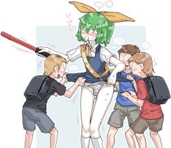 1girl 3boys anger_vein ascot black_shirt blonde_hair blue_dress blue_shirt blush bow brown_hair cameltoe clothes_pull collared_shirt colored_skin cookie_(touhou) daiyousei diyusi_(cookie) dress dress_pull faceless faceless_male feet_out_of_frame green_hair grey_shorts hair_bow high-visibility_clothing high-visibility_vest high_ponytail holding holding_whistle lifting_another&#039;s_clothes man_(man-room) multiple_boys open_mouth orange_bow panties pinafore_dress ponytail red_shirt sexual_harassment shirt short_bangs short_hair shorts shota sleeveless sleeveless_dress smile touhou traffic_baton translation_request underwear whistle white_panties white_shirt white_skin yellow_ascot