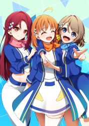 ahoge amagi_(volfuji) ascot belt blue_ascot blue_background blue_eyes blush braid breasts brown_hair closed_eyes closed_mouth crop_top cropped_jacket dress green_background grey_hair hair_ornament head_tilt highres hug jacket long_sleeves midriff multiple_girls navel open_clothes open_jacket orange_ascot orange_hair pants pink_ascot pointing red_hair sakurauchi_riko scarf simple_background single_thighhigh skirt smile stomach takami_chika thighhighs thighs watanabe_you wavy_hair yellow_eyes