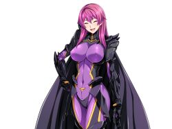1girl :d armor bodysuit breasts cape closed_eyes covered_erect_nipples covered_navel dark_reica game_cg gauntlets gentle_sasaki hand_on_own_hip large_breasts large_variant_set long_hair mole mole_under_eye non-web_source official_art open_mouth pink_hair purple_bodysuit purple_hair shindou_hatsune skin_tight smile solo soukou_senki_prism_reica standing transparent_background variant_set