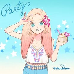 1girl blonde_hair blue_background blue_eyes commentary cowboy_shot earrings flower girls&#039;_generation hair_flower hair_ornament holding jewelry k-pop long_hair looking_at_viewer necklace real_life shuukhov smile solo song_name star_(symbol) taeyeon_(girls&#039;_generation) twitter_username