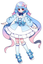 Rule 34 | 1girl, absurdres, back bow, bandaid, bandaid on cheek, bandaid on face, bandaid on knee, bandaid on leg, blue bow, blue dress, blue hair, blue shoes, blue socks, blush, bow, commentary request, dress, frilled dress, frilled socks, frills, full body, gradient hair, guardian tales, hair bow, highres, kneehighs, little android aa72, long hair, long sleeves, looking at viewer, low twintails, mary janes, multicolored hair, open mouth, pink bow, pink hair, red eyes, shoes, simple background, socks, solo, twintails, two-tone hair, very long hair, white background, you (noanoamoemoe)