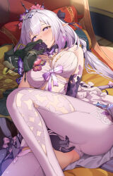 1girl black_bow black_jacket black_tiara blush bow breasts castorice_(honkai:_star_rail) commentary dress female_masturbation fingering flower gloves hair_bow hair_flower hair_ornament highres holding holding_jacket holding_unworn_clothes honkai:_star_rail honkai_(series) indoors jacket large_breasts legwear_cutout long_hair looking_to_the_side masturbation paid_reward_available parted_lips pink_flower pointy_ears purple_eyes purple_gloves purple_hair single_leg_pantyhose single_thighhigh solo thighhighs thighs tiara unworn_jacket very_long_hair white_dress white_thighhighs zuikillme