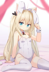 1girl animal_ear_fluff animal_ears bare_shoulders blonde_hair blue_eyes breasts cat_ears cat_girl cat_tail covered_navel detached_collar fake_animal_ears highres leotard long_hair looking_at_viewer mogura2009 no_shoes original playboy_bunny rabbit_ears sitting small_breasts solo strapless strapless_leotard tail thighhighs thighs white_leotard white_thighhighs wrist_cuffs
