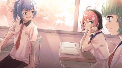 1boy 2girls :d ahoge black_pants blue_eyes blue_hair blue_sailor_collar blush book chair classroom closed_mouth colored_bangs commentary desk elbows_on_table english_commentary fang green_eyes green_hair hair_ornament hands_on_own_cheeks hands_on_own_face highres indoors light_particles looking_at_another medium_hair mocha_(osu!) multicolored_hair multiple_girls neckerchief necktie open_book open_mouth osu! pants pink_hair pippi_(osu!) pleated_skirt ponytail rabbit_hair_ornament red_neckerchief red_necktie sailor_collar school_chair school_desk school_uniform serafuku shirt short_hair short_sleeves sidelocks sideways_glance sideways_mouth skin_fang skirt smile star_(symbol) star_hair_ornament tofumang twitter_username two-tone_hair white_serafuku white_shirt white_skirt yuzu_(osu!)