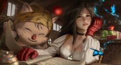 1girl animal_ear_fluff artist_name black_hair blue_butterfly breasts bug butterfly cleavage closed_eyes closed_mouth commentary english_commentary final_fantasy final_fantasy_ix garnet_til_alexandros_xvii gloves highres honeybunny-art indoors insect large_breasts long_hair moogle pink_lips red_gloves smile