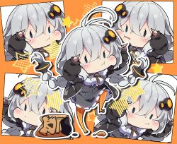 1girl :t absurdres antenna_hair arms_up black_jacket black_shoes blue_eyes blush braid breasts chibi closed_mouth commentary_request dress grey_dress grey_hair hair_between_eyes hair_ornament highres jacket kizuna_akari koala_no_march large_breasts long_hair long_sleeves low_twintails milkpanda multiple_views open_clothes open_jacket orange_pantyhose outline pantyhose parted_lips puffy_cheeks puffy_long_sleeves puffy_sleeves shirt shoes star_(symbol) striped_clothes striped_pantyhose twin_braids twintails vertical-striped_clothes vertical-striped_pantyhose very_long_hair voiceroid white_outline white_shirt