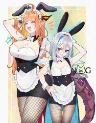 2girls absurdres alternate_costume amane_kanata animal_ears apron arm_up asymmetrical_hair blue_hair blunt_bangs bob_cut border braid breasts buttons cleavage cleavage_cutout clothing_cutout colored_inner_hair colorful_background commentary_request cowboy_shot double-breasted dragon_girl dragon_horns dragon_tail dress enmaided fake_animal_ears fishnet_pantyhose fishnets frilled_dress frills grey_hair hair_over_shoulder hand_on_own_head hand_on_own_hip highres hololive horns isuka kiryu_coco large_breasts long_hair looking_at_viewer maid maid_headdress medium_hair multicolored_hair multiple_girls necktie notice_lines orange_hair outside_border pantyhose rabbit_ears side-by-side sidelocks signature single_hair_intake small_breasts tail twitter_username virtual_youtuber waist_apron watermark white_border white_necktie wrist_cuffs