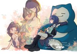 Rule 34 | 1girl, :d, black shirt, black shoes, blue fur, blue jacket, blue skirt, blunt bangs, closed eyes, commission, fang, full body, gen 1 pokemon, gen 4 pokemon, highres, jacket, looking at another, munchlax, nintendo, open mouth, pokemon, pokemon (creature), purple hair, red eyes, robinlovesop, shirt, shoes, simple background, sitting, skirt, smile, snorlax, white background, white shirt, yellow fur