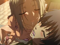 1boy 1girl 2010s 2011 bed blonde_hair blue_eyes breasts covered_erect_nipples drooling handjob jellyfish_(company) kamimura_akiko keisuke_(sisters) kiss kouzaka_kouhei large_breasts lips long_hair long_sleeves no_bra older_woman_and_younger_man penis premature_ejaculation saliva saliva_trail shiny_skin shocked_pupils shy sisters_~natsu_no_saigo_no_hi~ surprised sweat sweater taki_minashika uncensored veins veiny_penis