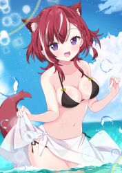 1girl absurdres animal_ears bikini black_bikini blue_sky breasts cleavage cloud commission cowboy_shot day fox_ears fox_tail highres hiiragisensei horizon indie_virtual_youtuber komagami_fuuro medium_breasts multicolored_hair ocean outdoors purple_eyes rainbow red_hair sarong sarong_hold short_hair skeb_commission sky smile solo streaked_hair swimsuit tail virtual_youtuber wading water_drop white_hair white_sarong