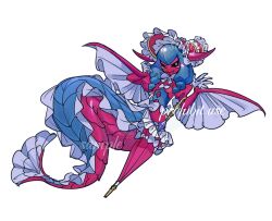 Rule 34 | 1girl, black sclera, blue hair, bonnet, colored sclera, colored skin, confeito000 333, digimon, digimon (creature), full body, highres, lamiamon, pink skin, sample watermark, simple background, solo, umbrella, watermark, white background, winged arms, wings, yellow eyes