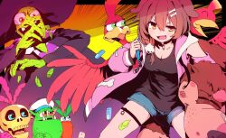 2boys 3girls animal_ears banjo-kazooie banjo_(banjo-kazooie) bear bird blue_eyes bone_hair_ornament breasts brown_eyes brown_hair bruise carrot closed_eyes colored_skin dog_ears dog_girl fang feathered_wings green_eyes green_skin hair_ornament hashiguma hat highres hololive injury inugami_korone jacket kazooie_(banjo-kazooie) looking_at_another looking_at_viewer multiple_boys multiple_girls open_mouth pink_jacket red_eyes severed_finger shorts sweat virtual_youtuber wings witch witch_hat