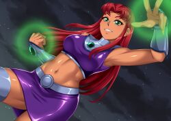 1girl arm_up armpits bare_shoulders boots breasts clenched_hand cloud cloudy_sky colored_sclera colored_skin commentary_request cowboy_shot dc_comics forehead_jewel green_eyes green_sclera grin highres long_hair looking_at_viewer medium_breasts midriff miniskirt navel night orange_skin paid_reward_available parted_bangs purple_boots purple_skirt purple_tank_top red_hair skirt sky smile solo starfire superhero_costume tamaranean tank_top teen_titans teen_titans_(tv_series) teeth thigh_boots thighhighs vambraces wavelevel5 zettai_ryouiki