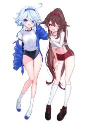 Rule 34 | 2girls, absurdres, ahoge, alternate costume, blue hair, blush, breasts, brown hair, buruma, full body, furina (genshin impact), genshin impact, gym shirt, hair between eyes, hairband, heterochromia, highres, hu tao (genshin impact), ineka ka, knees, long hair, midriff, multiple girls, navel, one eye closed, petite, red buruma, shirt, short sleeves, sleeveless, small breasts, standing, stomach, thighs, very long hair, white background, white shirt