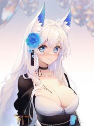1girl animal_ear_fluff animal_ears black_choker blue_eyes breasts choker cleavage colored_inner_animal_ears flower fox_ears hair_flower hair_ornament highres indie_virtual_youtuber kana_yukino large_breasts long_hair looking_at_viewer smile solo upper_body virtual_youtuber white_hair