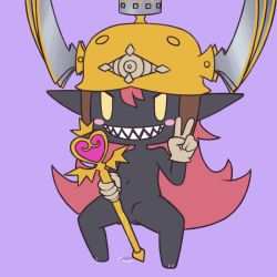 &gt;:) 1girl animated animated_gif black_skin blush_stickers chibi colored_skin crotch_rub crown fake_horns female_masturbation final_fantasy full_body gloves grin helmet holding holding_wand horned_helmet horns long_hair looking_at_viewer masturbation navel nude pink_hair pointy_ears princess_goblin_(woff) purple_background pussy pussy_juice sharp_teeth simple_background smile solid_oval_eyes solo standing teeth toffeedoodles uncensored v v-shaped_eyebrows wand world_of_final_fantasy yellow_eyes