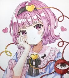1girl black_bow black_hairband blue_shirt blunt_bangs blush bow closed_mouth commentary_request hair_ornament hairband heart heart_hair_ornament jaku_sono komeiji_satori long_sleeves looking_at_viewer pink_eyes pink_hair shikishi shirt short_hair simple_background smile solo third_eye touhou traditional_media upper_body white_background