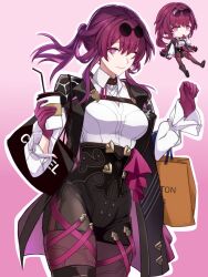 1girl bag black_jacket black_shorts breasts brown_bag chibi chibi_inset collared_shirt commentary_request cowboy_shot cup drinking_straw eyewear_on_head glasses gloves high-waist_shorts highres holding holding_bag holding_cup honkai:_star_rail honkai_(series) jacket jacket_on_shoulders kafka_(honkai:_star_rail) large_breasts long_sleeves looking_at_viewer one_eye_closed outline pantyhose pince-nez pink_background purple_eyes purple_gloves purple_hair purple_pantyhose round_eyewear saint_laurent_paris shirt shirt_tucked_in shorts simple_background smile white_outline white_shirt