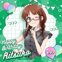 Rule 34 | 1girl, ahoge, akizuki ritsuko, antenna hair, balloon, black dress, black ribbon, blush, braid, breasts, brown-framed eyewear, brown eyes, brown hair, character name, closed mouth, colored shadow, dated, dress, green background, grid background, hair ribbon, hand up, happy birthday, heart, idolmaster, idolmaster (classic), idolmaster million live!, idolmaster million live! theater days, index finger raised, large breasts, looking at viewer, one eye closed, plaid clothes, plaid dress, plaid ribbon, polka dot, polka dot background, pqpqpq783, ribbon, semi-rimless eyewear, shadow, short hair, sleeveless, sleeveless dress, smile, solo, string of flags, twin braids, twintails, twitter username, under-rim eyewear, upper body