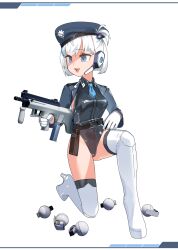 Rule 34 | 1girl, absurdres, ahoge, black leotard, blue hair, blue hat, blue necktie, boots, borrowed character, breasts, chikuwa fan973, commission, full body, gloves, gun, hat, headset, high heel boots, high heels, highres, holding, holding gun, holding weapon, leotard, medium breasts, multicolored hair, necktie, on one knee, open mouth, original, smile, solo, streaked hair, teeth, thigh boots, upper teeth only, weapon, white boots, white gloves, white hair
