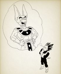 2boys animal_ears artist_name beerus boots cat_ears dragon_ball dragon_ball_super fangs gloves looking_up multiple_boys muscular no_humans open_mouth parody simple_background speech_bubble spiked_hair standing thinking thought_bubble ultra_ego_(dragon_ball) vegeta what