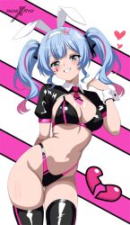 Rule 34 | 1girl, absurdres, animal ears, bikini, black bikini, black bow, black thighhighs, blue eyes, blue hair, bow, breasts, clothing cutout, detached collar, fake animal ears, hair ornament, hairband, hairclip, hatsune miku, heart cutout, highres, indexryo, large breasts, long hair, looking at viewer, navel, pink pupils, rabbit ears, rabbit hole (vocaloid), solo, swimsuit, teardrop facial mark, thighhighs, twintails, vocaloid, white hairband, wrist cuffs