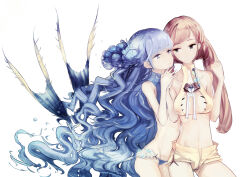 Rule 34 | 2girls, al-qalam, bare shoulders, bikini, blue bikini, blue eyes, blue hair, blunt bangs, breasts, brown bikini, brown hair, brown shorts, clenched hand, closed mouth, collarbone, commentary request, cropped legs, curly hair, gradient hair, hair behind ear, hair ornament, halterneck, hand grab, hands up, head tilt, heads together, highres, holding hands, long hair, looking at another, medium breasts, multicolored hair, multiple girls, navel, pixiv fantasia, pixiv fantasia new world, purple eyes, purple hair, short shorts, shorts, sidelocks, simple background, small breasts, smile, standing, stomach, string bikini, swept bangs, swimsuit, thigh gap, thighs, twintails, very long hair, wavy hair, white background, yuri