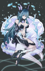 1girl absurdres bare_shoulders black_bra blue_hair bra breasts clam closed_mouth fins full_body grey_eyes hair_between_eyes head_fins highres lamia_(pgr) long_hair looking_at_viewer mechanical_arms navel no_shoes punishing:_gray_raven shell_hair_ornament sitting smile solo underwear zhuang_yu_pizza