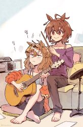 2girls agnes_tachyon_(umamusume) animal_ears artist_name bare_shoulders barefoot black_shorts boombox bra_strap braid brown_hair brown_pants chair closed_mouth collarbone commentary_request drum drum_set drumsticks earrings guitar hair_between_eyes hair_ornament hairclip half_up_braid half_up_half_down_braid half_updo highres holding holding_guitar holding_instrument horse_ears horse_girl instrument jewelry jungle_pocket_(umamusume) knee_up korean_commentary korean_text looking_at_another mazu1kan medium_hair motion_lines multiple_girls music notched_ear off-shoulder_shirt off_shoulder pants pillow playing_guitar playing_instrument purple_shirt red_eyes shirt shorts single_earring sitting smile translation_request umamusume unamused yellow_eyes