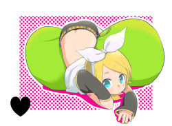 1girl aqua_eyes ass back belt blonde_hair detached_sleeves female_focus hair_ornament hair_ribbon hairclip ica kagamine_rin lying nail_polish on_stomach ribbon short_hair shorts solo vocaloid yellow_nails