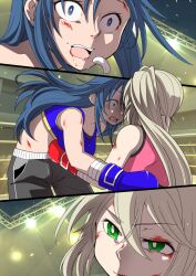 asako_komaki blue_eyes blue_hair boxing boxing_gloves boxing_ring boxing_shorts green_eyes iyofika long_hair mahou_shoujo_madoka_magica mahou_shoujo_oriko_magica mikuni_oriko pain shorts side_ponytail sports_bra surprised white_hair