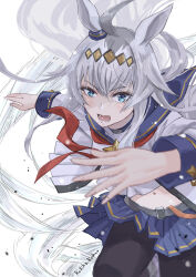 1girl ahoge animal_ears artist_name black_pantyhose black_skirt blue_eyes blue_skirt commentary_request ear_ornament grey_hair hair_between_eyes hair_ornament highres horse_ears horse_girl horse_tail jacket jun_(rellik_&amp;_redrum) long_hair lower_teeth_only miniskirt multicolored_hair navel neckerchief oguri_cap_(umamusume) open_clothes open_jacket pantyhose pleated_skirt red_neckerchief request_inset running shirt simple_background skirt solo stomach streaked_hair tail teeth umamusume umamusume:_cinderella_gray white_background white_jacket white_shirt