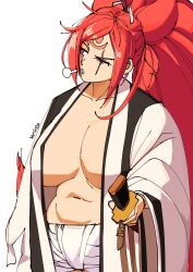 1girl 3amsoda artist_name baiken belly breasts collarbone commentary cowboy_shot facial_tattoo guilty_gear highres holding holding_sword holding_weapon japanese_clothes kimono large_breasts long_hair no_bra one-eyed open_clothes open_kimono ponytail puff_of_air red_eyes red_hair scar scar_across_eye scar_on_face simple_background solo sword tattoo very_long_hair weapon white_background white_kimono