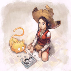 Rule 34 | 1girl, absurdres, arm on own leg, armband, breasts, brown hair, brown skirt, carrot (pepper&amp;carrot), cat, center frills, checkered armband, checkered clothes, david revoy, frilled shirt, frills, hat, highres, large breasts, long sleeves, miniskirt, orange cat, pepper&amp;carrot, pepper (pepper&amp;carrot), puzzle, puzzle piece, red armband, red vest, shirt, shoes, sidelocks, sitting, skirt, vest, white shirt, witch hat